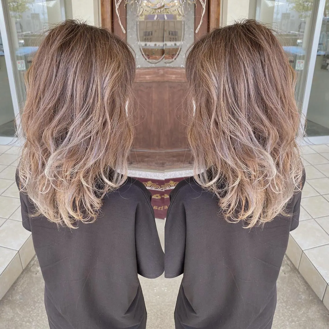 ミディアム カラー バレイヤージュ ハイライトカラー ハイライト レイヤーカット カット ヘアカラー grand juteのヘアスタイル