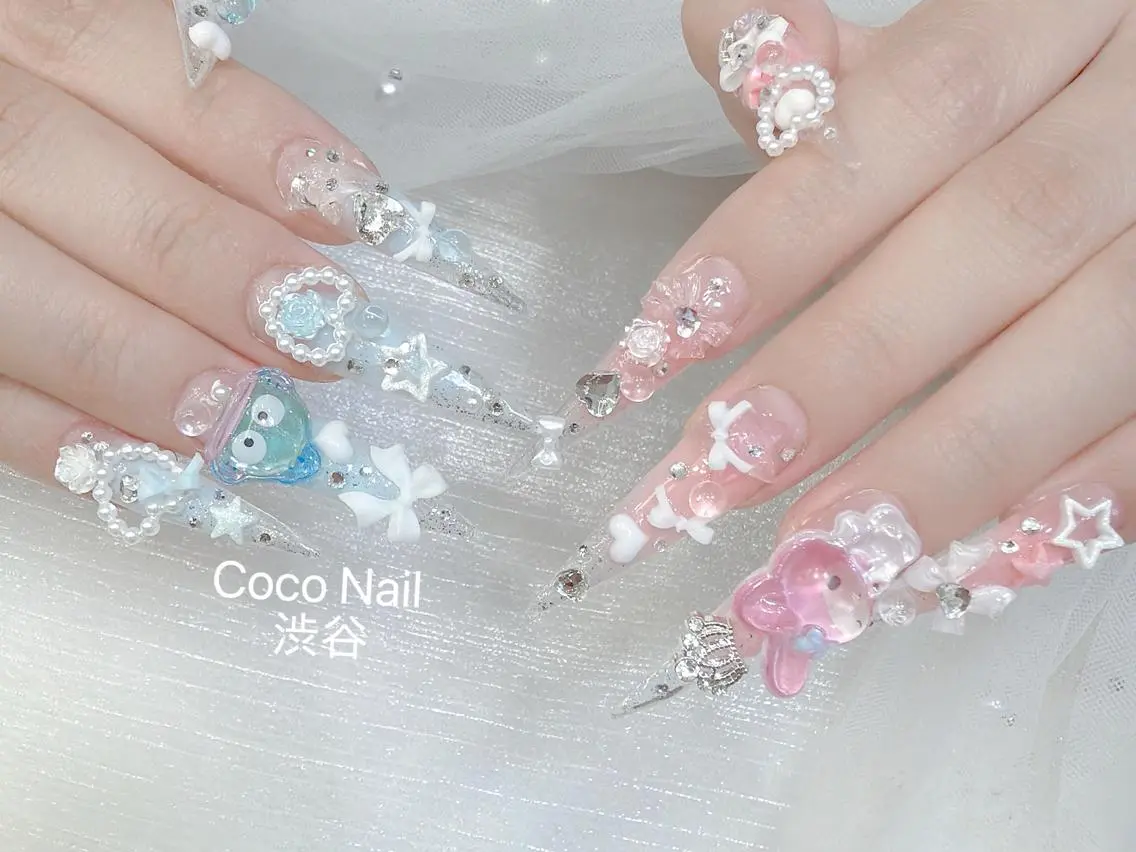 ネイル 成人式 大理石ネイル(マーブル) リボン 夏ネイル ネイルチップ ハンドネイル CoCo Nail 長さ出し専門店のネイルデザイン