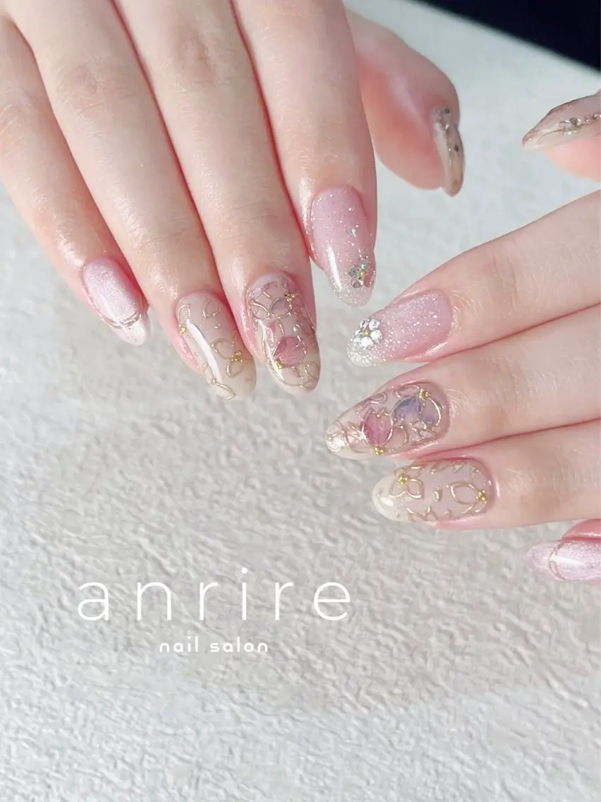 ネイル フラッシュネイル フラワーネイル ジェルネイル キラキラネイル ラメ(グリッター) nailsalon anrireのネイルデザイン