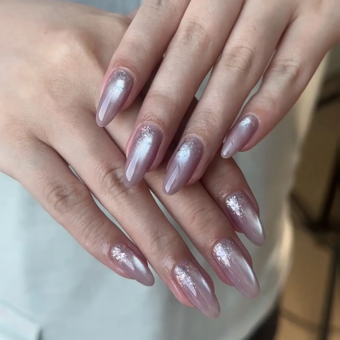 ネイル オーロラネイル 長さ出し フレンチネイル ジェルネイル ガラスフレンチ ハンドネイル Rela・S NAILのネイルデザイン