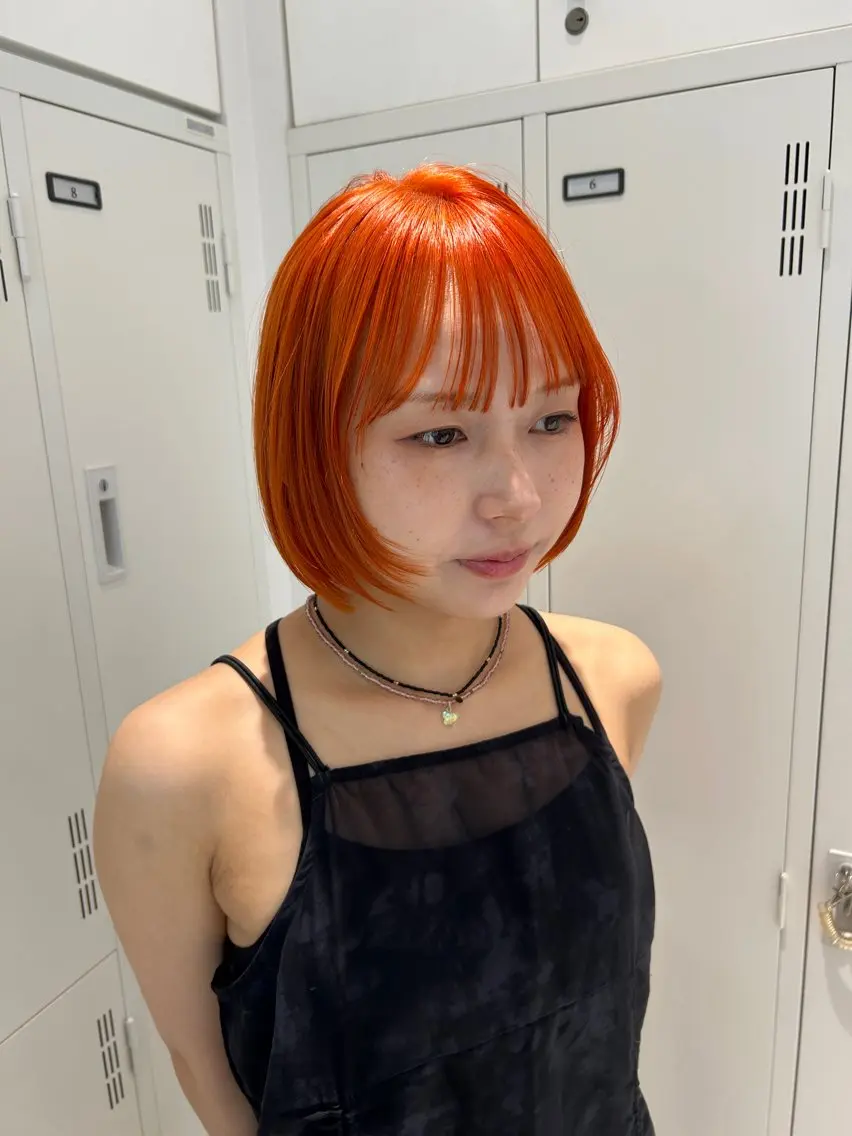 ショート カラー 黒髪 オレンジ 顔まわりレイヤー 顔周りカット レイヤーカット カット ヘアカラー ダブルカラー 🩷Rio🩷のヘアスタイル