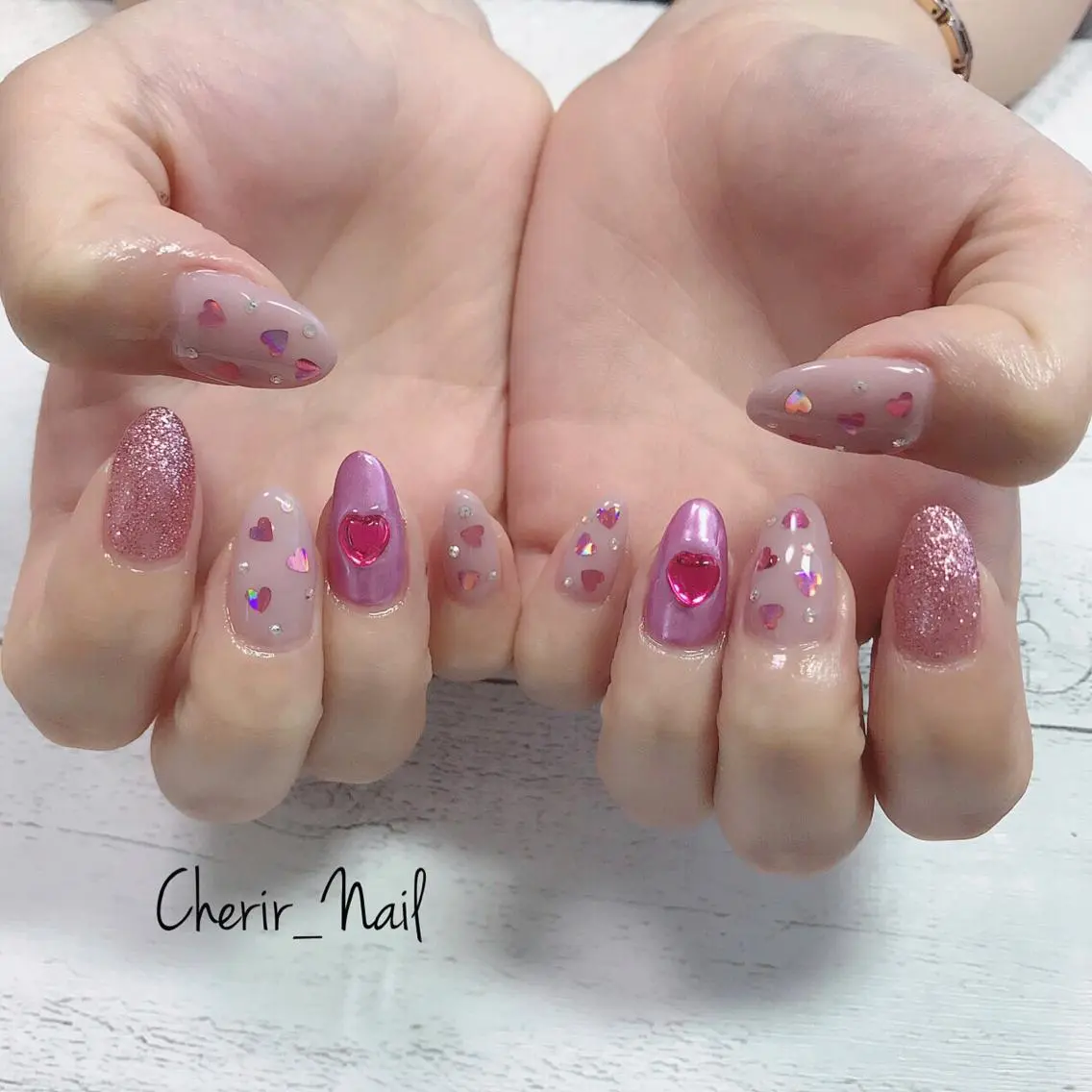 ネイル ハート ラメ(グリッター) ミラーネイル ピンク Cherirnail kaoriのネイルデザイン