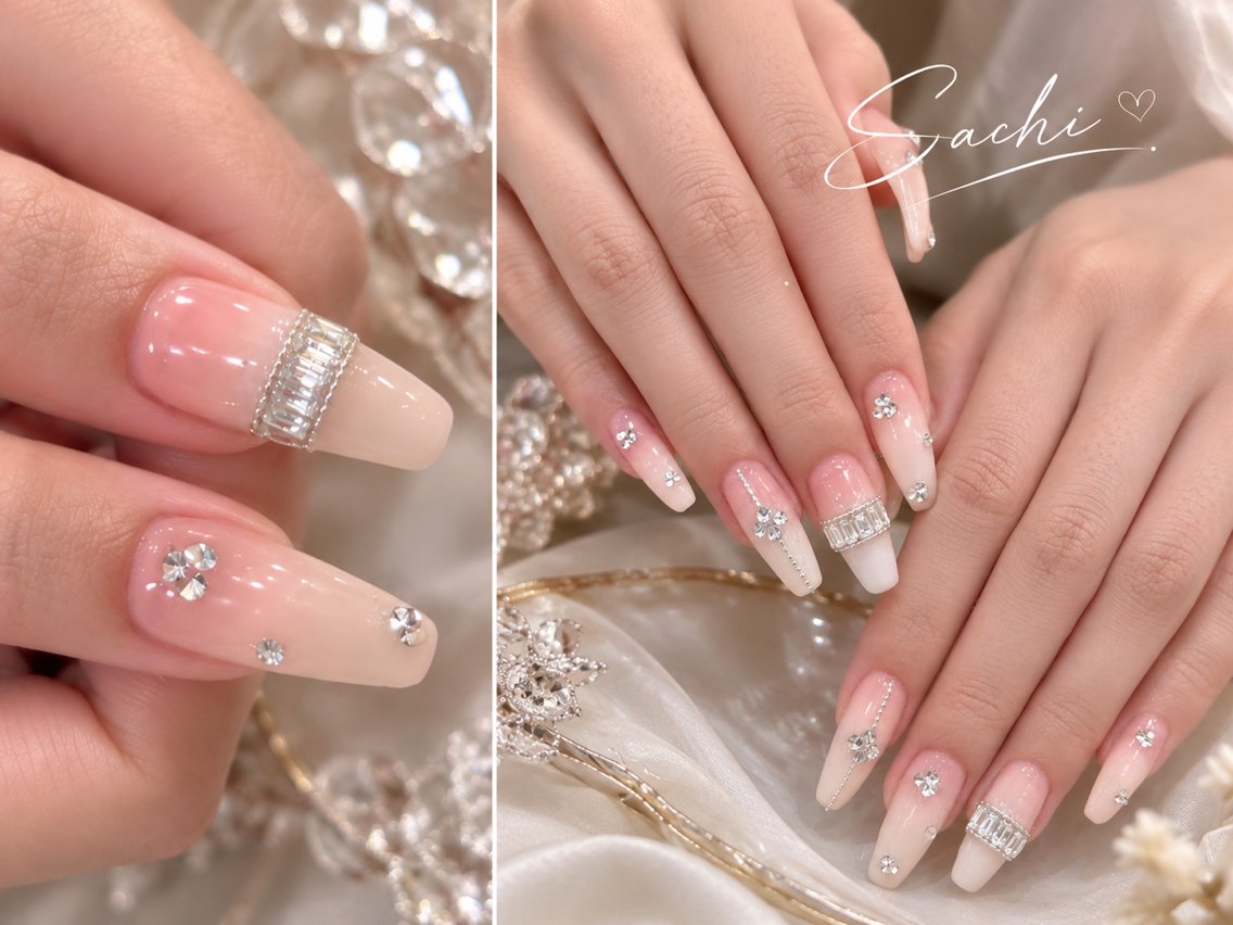 ネイル グラデーション キラキラネイル ロングネイル ストーンネイル ワンホンネイル ハンドネイル Sachi Nail上野のネイルデザイン