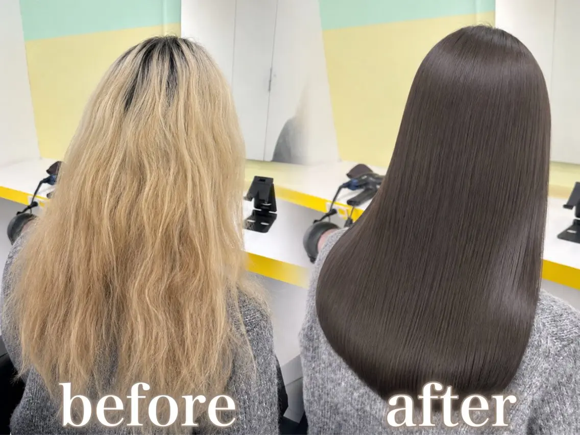 ロング カラー カット ヘアカラー 縮毛矯正 トリートメント ブリーチ縮毛矯正飛我 韓国ヘア🫧のヘアスタイル