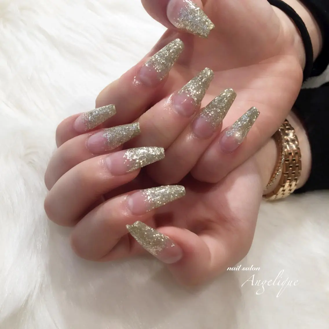 ミディアム ネイル ゴールド ゴージャス ラメ(グリッター) シルバー Nail salon Angeliqueのネイルデザイン