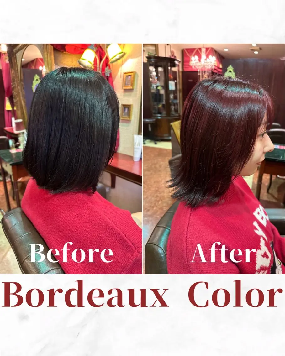 ミディアム カラー 切りっぱなしボブ ブリーチ ボルドーカラー ケアブリーチ ケアカラー カット ヘアカラー トリートメント 【美髪矯正 /髪質改善】RINのヘアスタイル