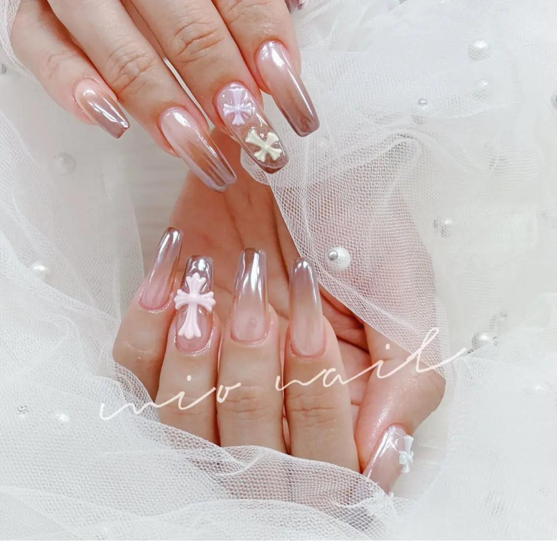 ネイル アートネイル ブルー ジェルネイル レース マグネットネイル ハンドネイル 💓mi.o Nail上野店のネイルデザイン