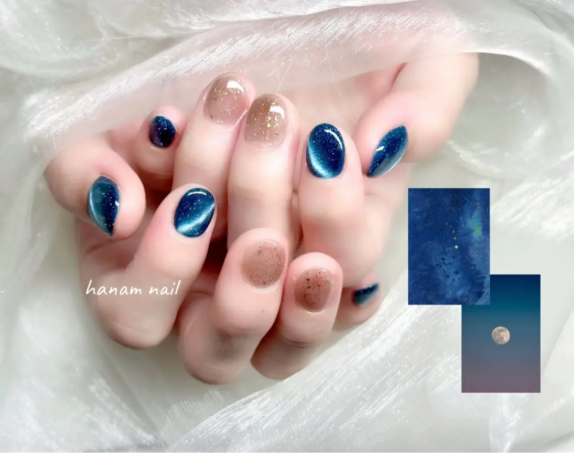 ネイル キラキラネイル ラメ(グリッター) マグネットネイル ハンドネイル hanam nail 🌿🩵ハナムネイルのネイルデザイン