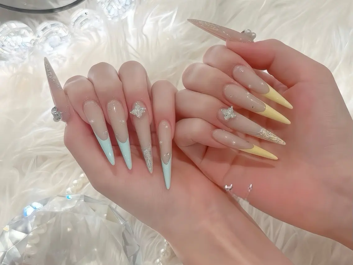 ネイル べっ甲ネイル ブルー 長さ出し フレンチネイル ジェルネイル ハンドネイル Rin Nail 新大久保店のネイルデザイン