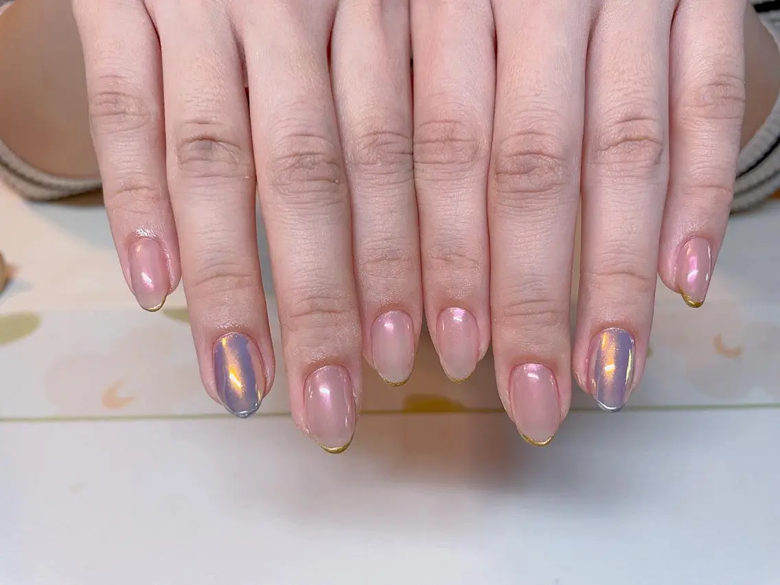 ネイル ゴールド ラメ(グリッター) ミラーネイル ピンク エン Nail salonのネイルデザイン