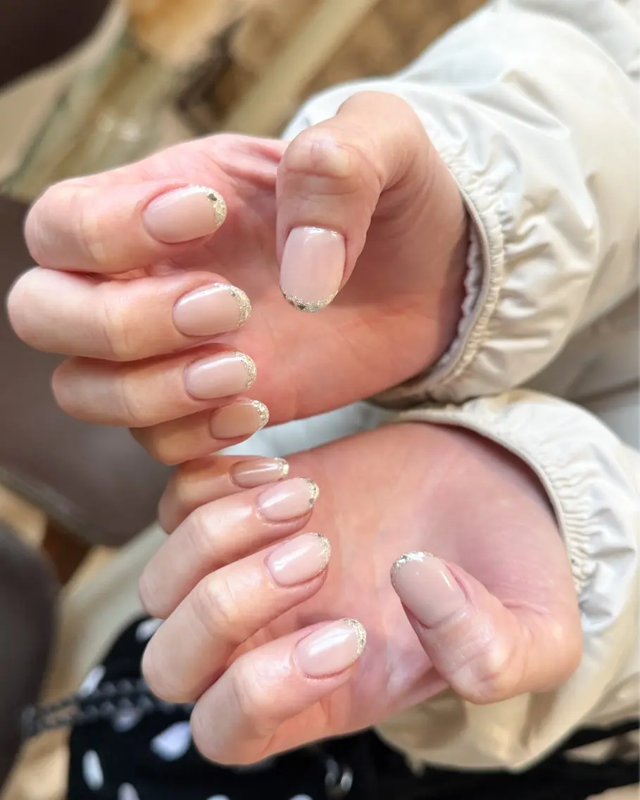 ネイル フレンチネイル ガラスフレンチ ピンク ピンクベージュ 春ネイル ハンドネイル pointillé .ayaのネイルデザイン