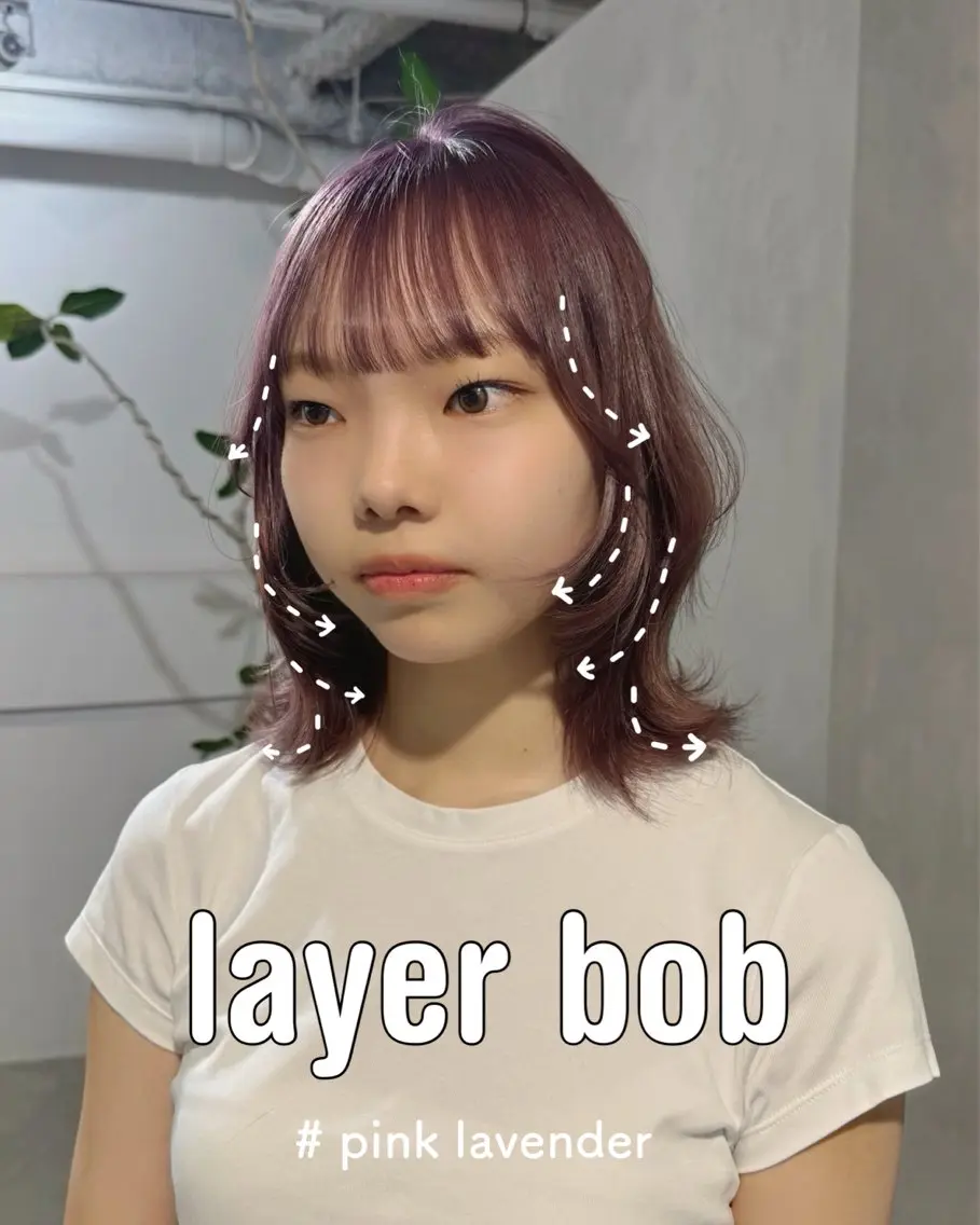 ミディアム ボブレイヤー ボブ レイヤーカット カット ヘアカラー トリートメント 100％可愛い顔周り 💓レイヤー/しずくのヘアスタイル