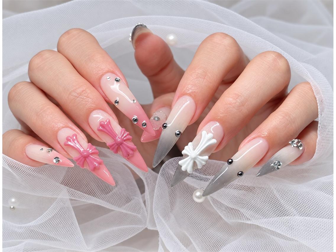 ネイル ロングネイル ピンク リボン ホワイト NAILS 168 大塚のネイルデザイン