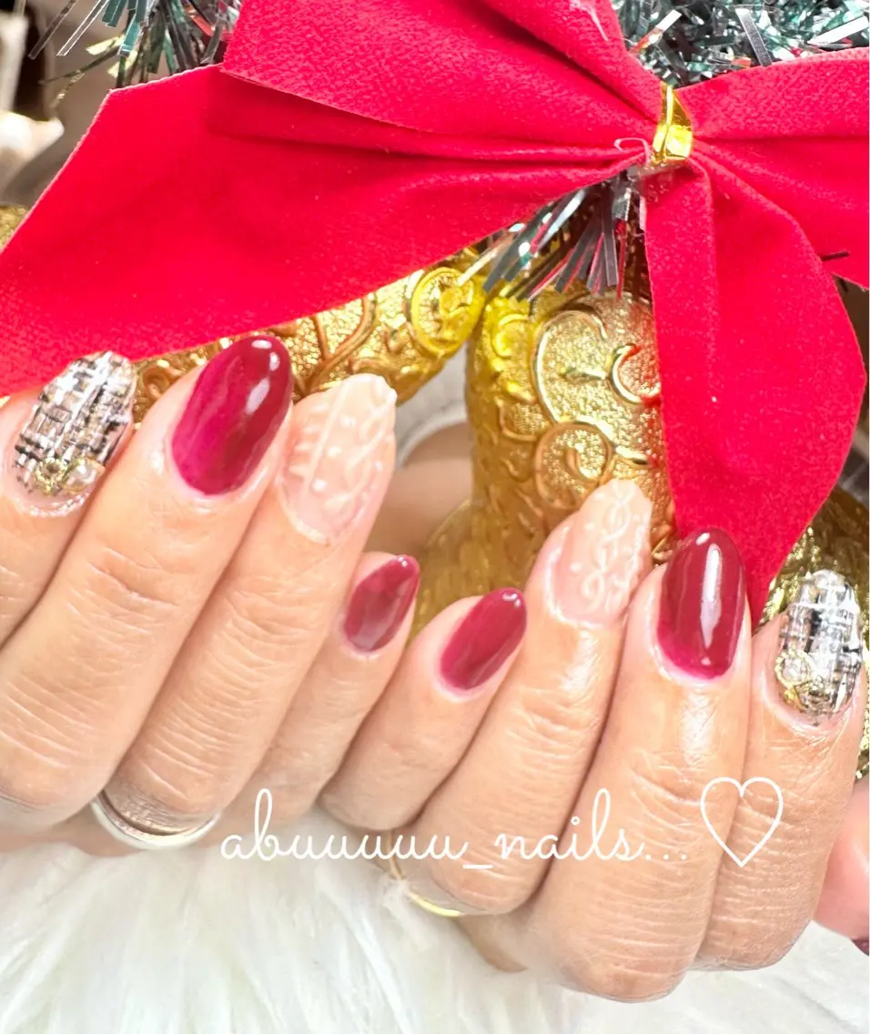 ネイル 赤色 ツイードネイル 冬ネイル クリスマス abuuuuu nailsのネイルデザイン