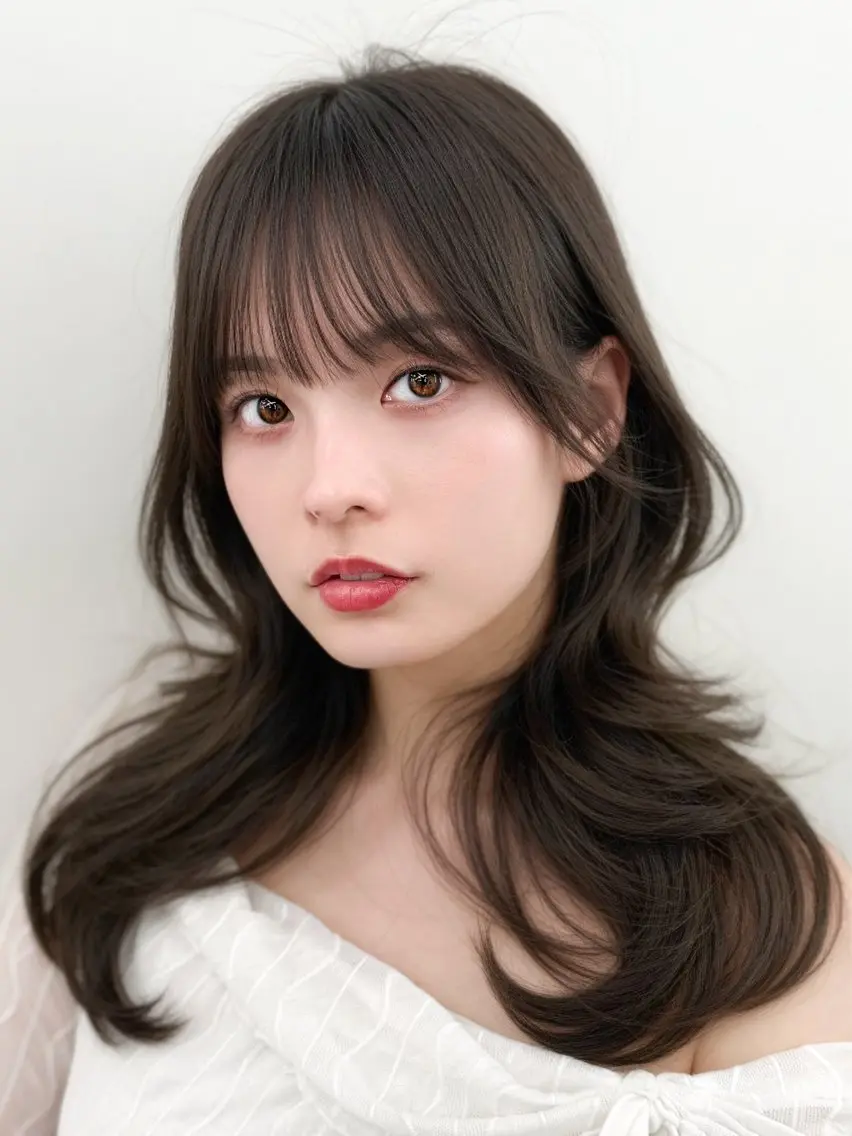 セミロング 韓国風ヘア レイヤーカット 割れない顔まわり× 小顔補正レイヤー難波のヘアスタイル
