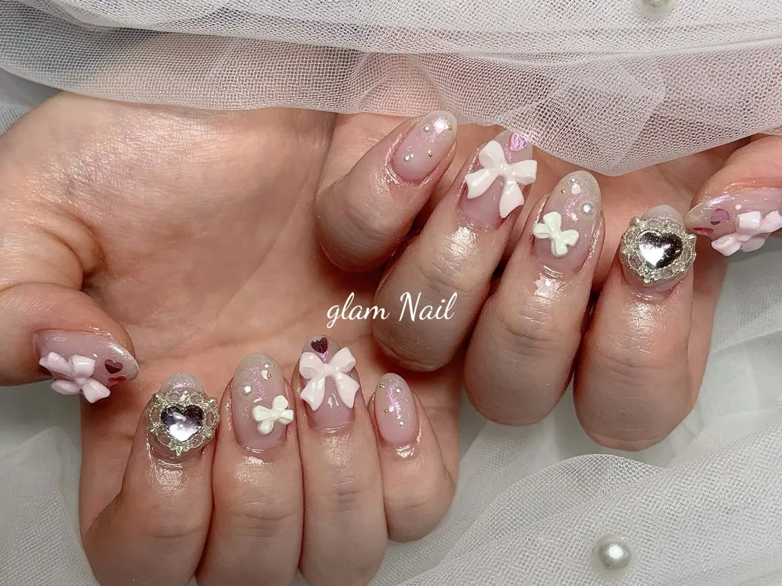 ネイル ハンドネイル エツメ💅 長さ出し🎀デザインのネイルデザイン