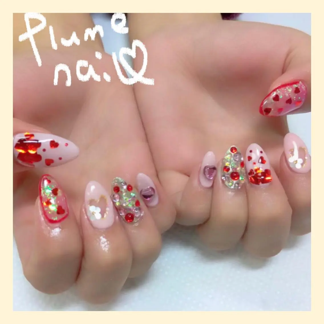 ネイル アートネイル ハート キラキラネイル 韓国ネイル 春ネイル ハンドネイル plume nail ☆韓国ネイルのネイルデザイン