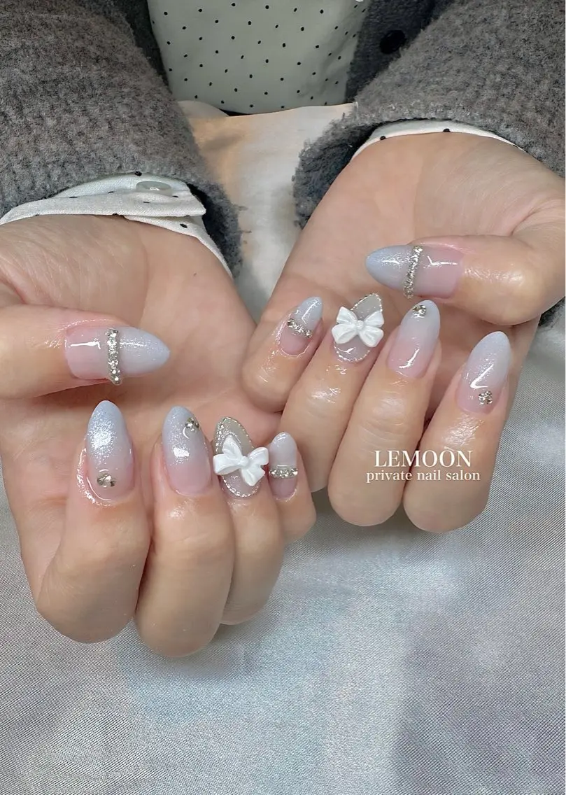 ネイル 水色 リボン ハンドネイル nail salon LEMOONのネイルデザイン