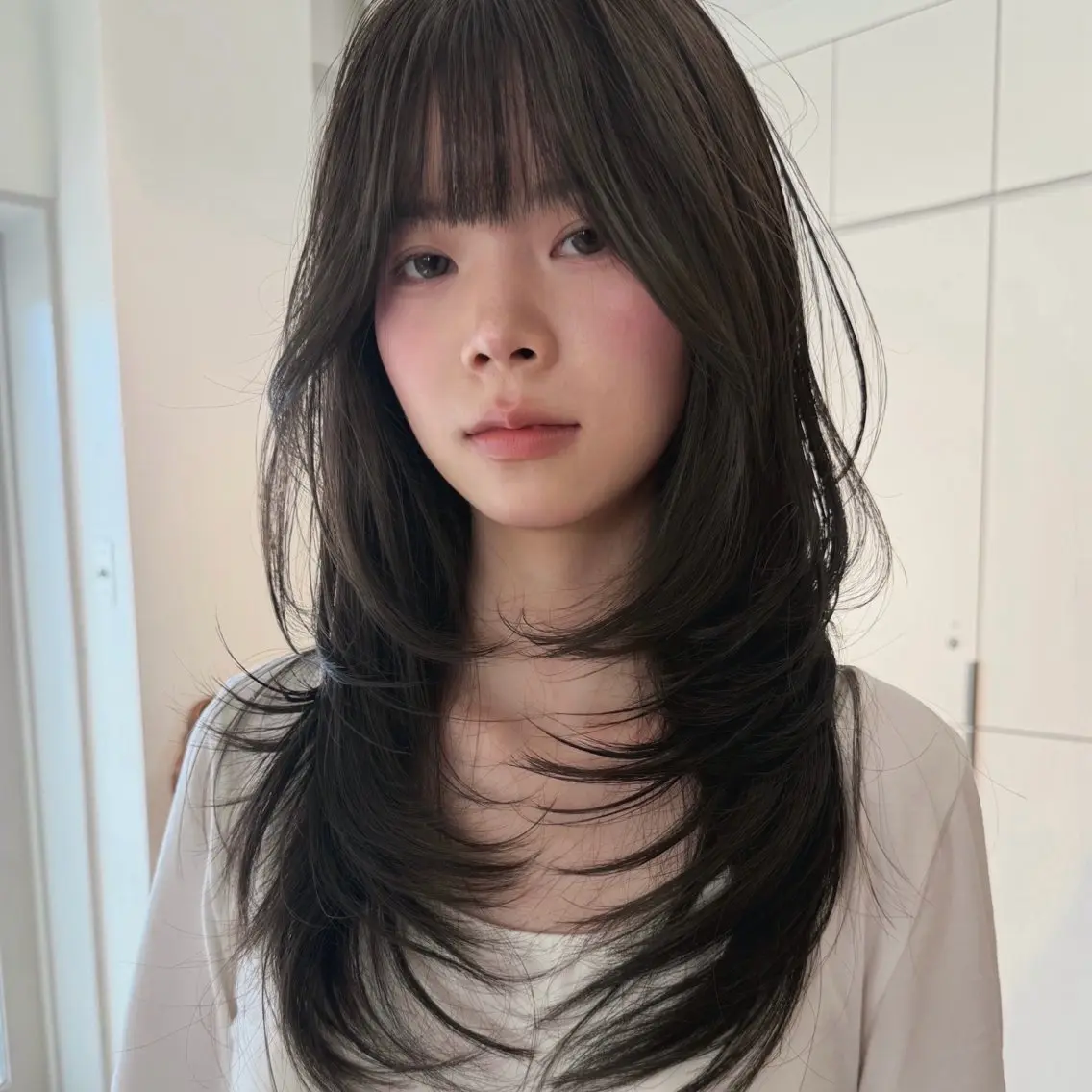 セミロング カラー 顔まわりレイヤー 韓国風ヘア レイヤーカット レイヤー/ブリーチ ♥️【木坂 桃歌】のヘアスタイル