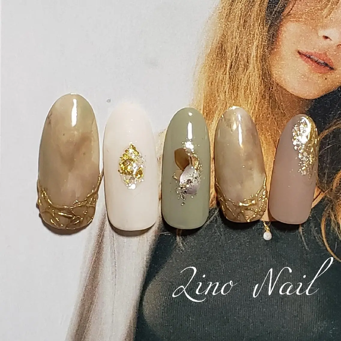 ネイル カジュアル ジェルネイル グリーン ラメ(グリッター) マットネイル Lino Nailのネイルデザイン