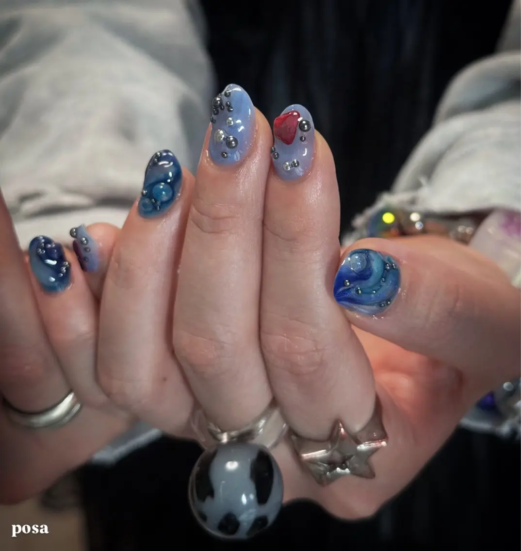 ネイル アートネイル ブルー シンプルネイル ハンドネイル posa nail モエミのネイルデザイン