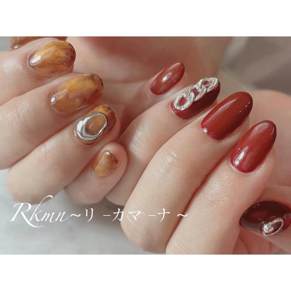 ネイル アートネイル べっ甲ネイル ボルドー 春ネイル ハンドネイル フットネイル ハンドケア Rkmn ~リ-カマ-ナ~のネイルデザイン