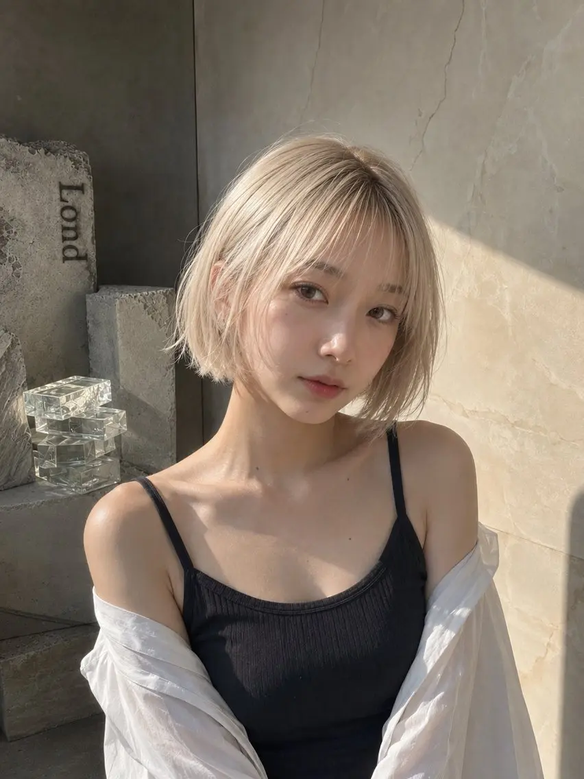 ショート ヘアカラー 栄ハイトーン/ ベージュカラー/シンのヘアスタイル