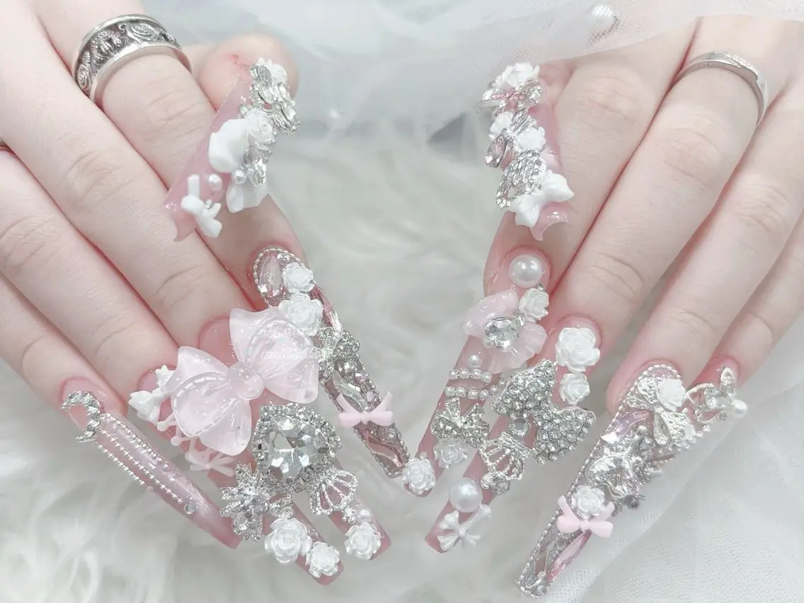 ネイル 成人式 マグネットネイル 大理石ネイル(マーブル) リボン 夏ネイル ハンドネイル MoMoA Nail ネイル長さ出し専門店のネイルデザイン