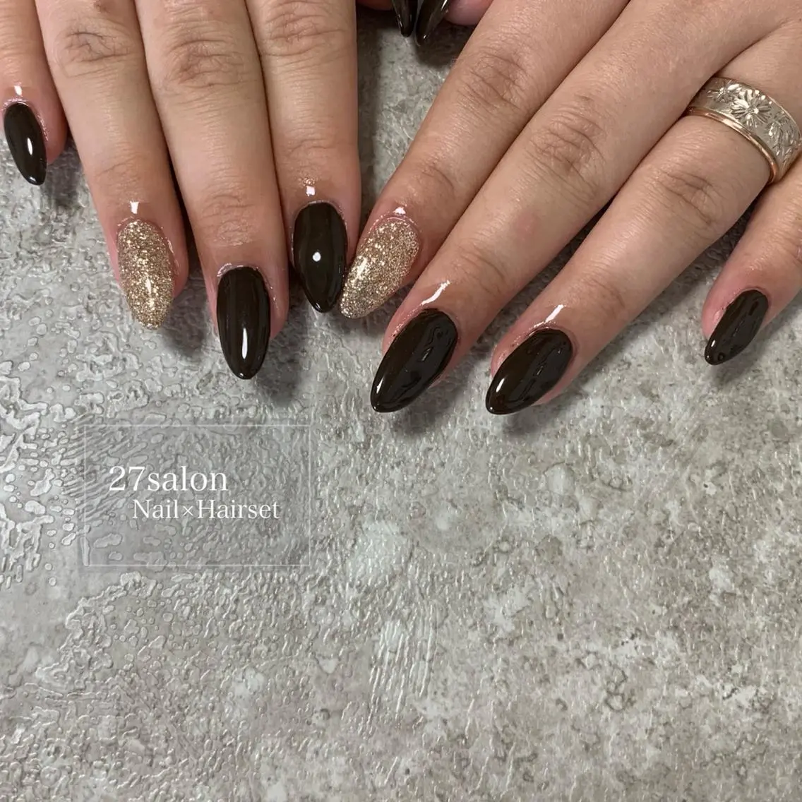 ネイル ブラウン ラメ(グリッター) 27salon yuinaのネイルデザイン
