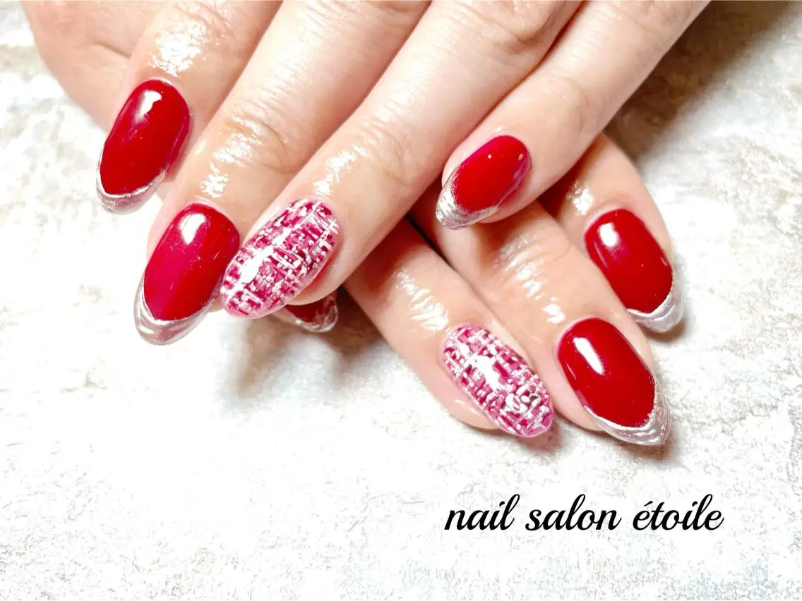 ネイル アートネイル フレンチネイル ジェルネイル ミラーネイル 赤色 ハンドネイル nail salon étoileのネイルデザイン