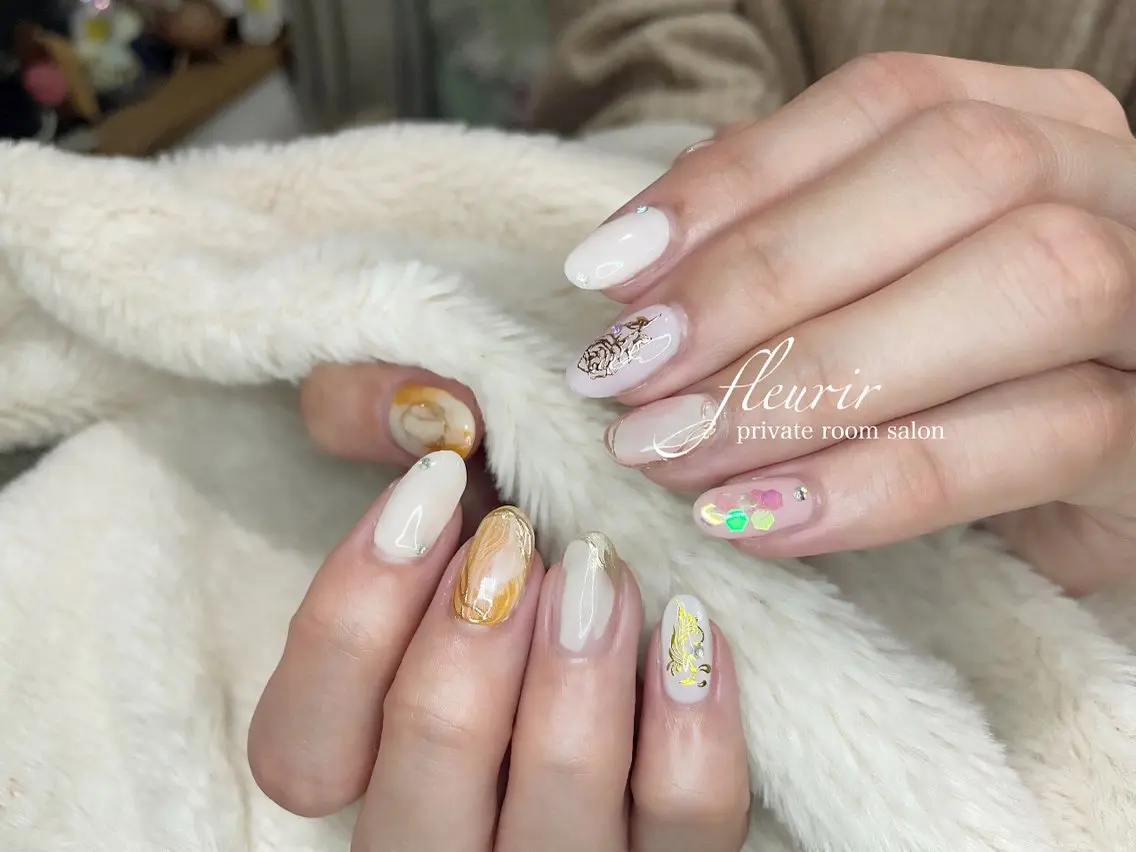 ネイル オレンジ ピンク フルリール 【プライベートサロンのネイルデザイン