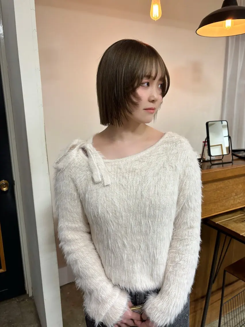 ミディアム カラー カット トリートメント 縮毛矯正ボブ&顔まわ レイヤー♡TOMOEのヘアスタイル