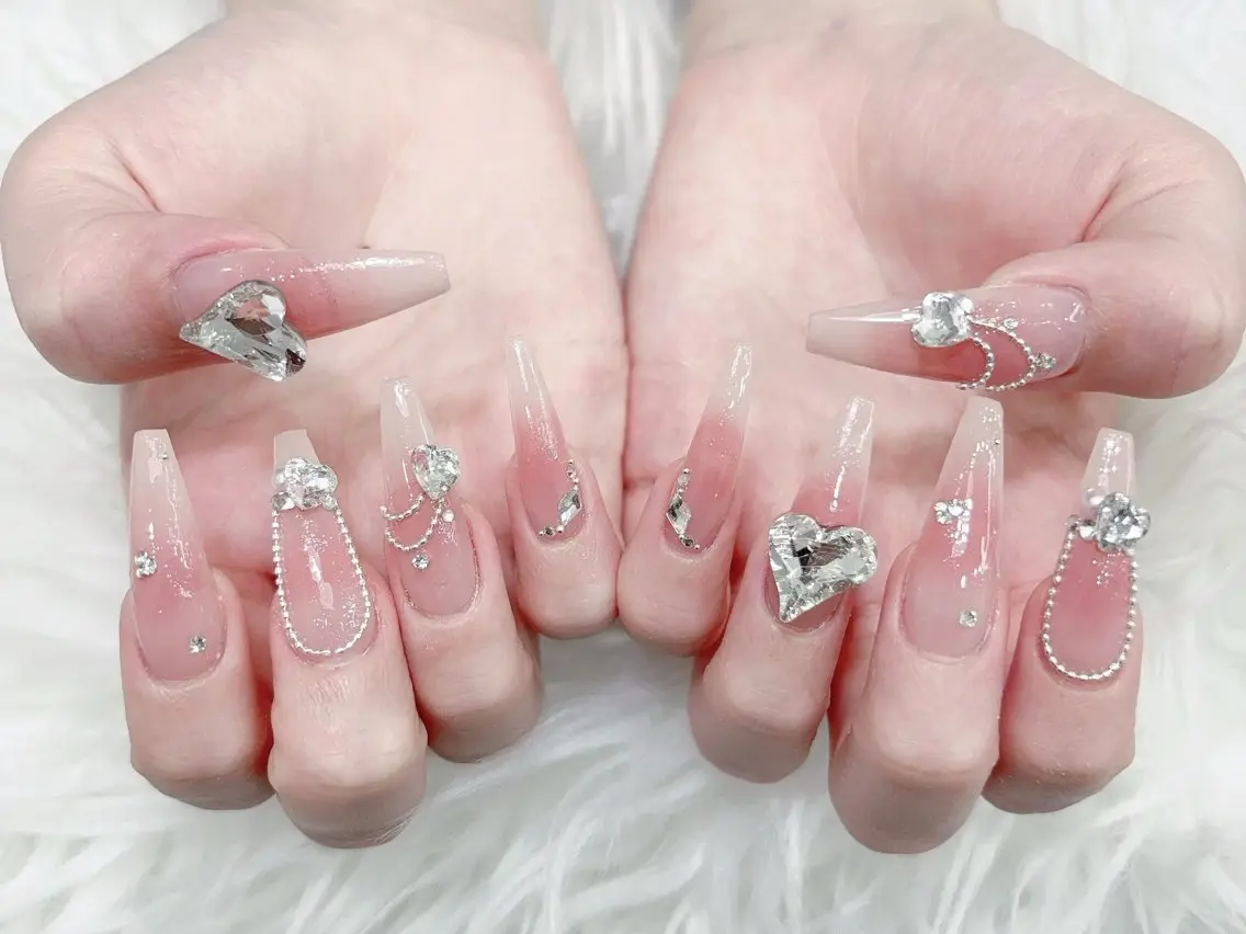 ネイル 成人式 大理石ネイル(マーブル) リボン 夏ネイル ネイルチップ ハンドネイル MoMoA Nail ネイル長さ出し専門店のネイルデザイン