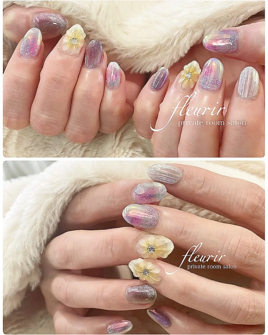 ネイル オーロラネイル フラワーネイル ラメ(グリッター) 水色 ニュアンスネイル フルリール 【プライベートサロンのネイルデザイン