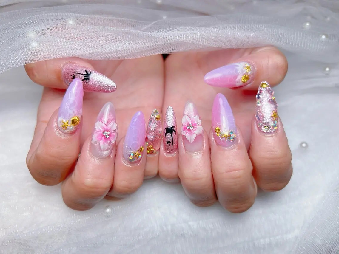 ネイル アートネイル オーロラネイル チークネイル 長さ出し フットネイル Miya _nailのネイルデザイン