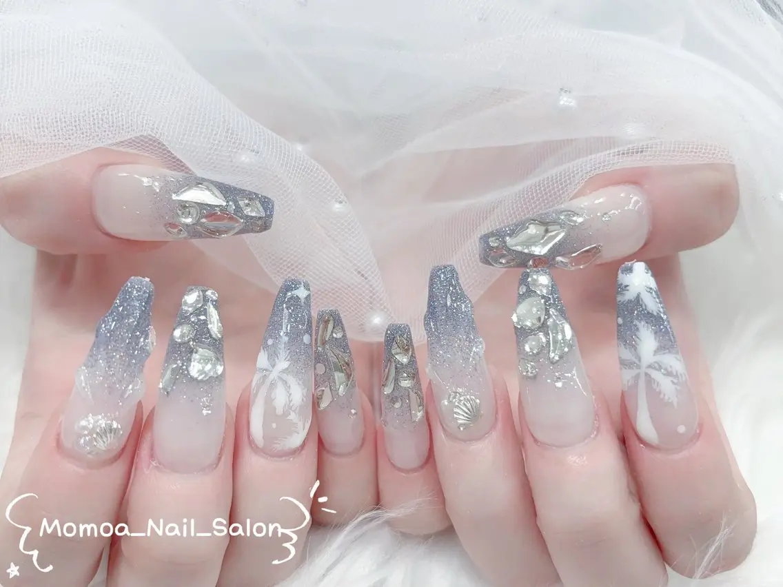 ネイル 成人式 ロングネイル マグネットネイル 大理石ネイル(マーブル) 持ち込み ハンドネイル MoMoA Nail ネイル長さ出し専門店のネイルデザイン