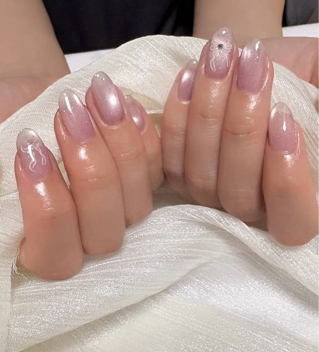 ネイル アートネイル マグネットネイル ピンク リボン ハンドネイル nail salon minthのネイルデザイン