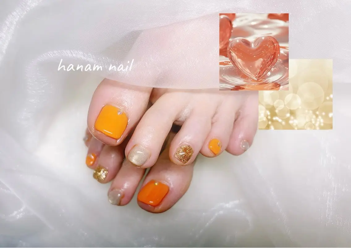 ネイル フットネイル オレンジ フットネイル hanam nail 🌿🩵ハナムネイルのネイルデザイン