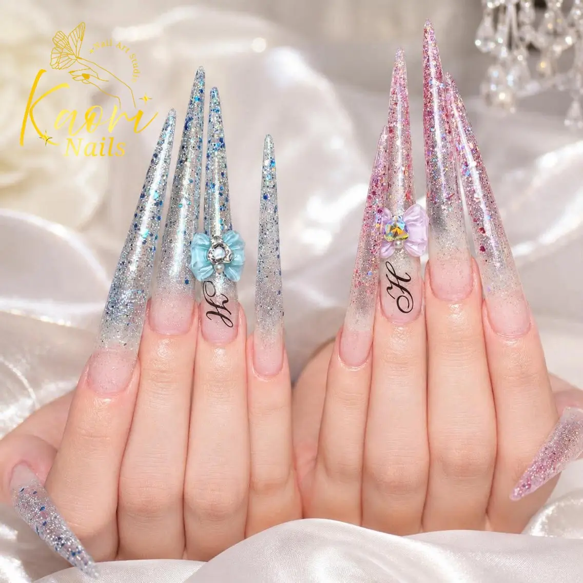 ネイル ブルー ホログラムネイル キラキラネイル ラメ(グリッター) ロングネイル ハンドネイル KAORI MARU CHANのネイルデザイン