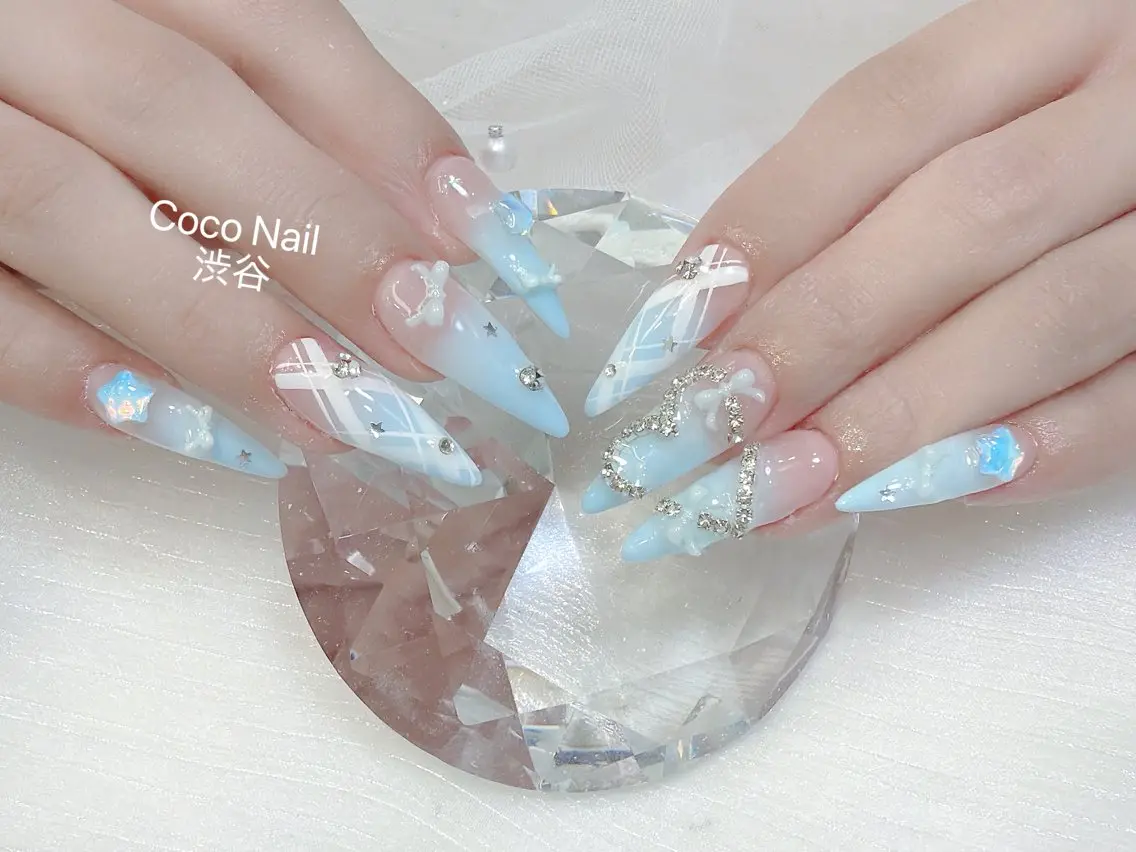 ネイル 成人式 大理石ネイル(マーブル) リボン 夏ネイル ネイルチップ ハンドネイル Mei Salon 長さ出し専門店のネイルデザイン