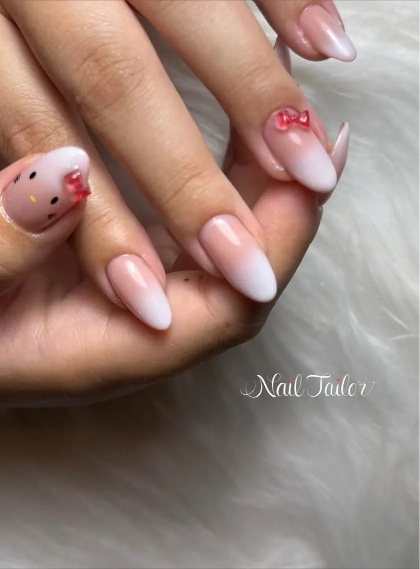 ネイル ジェルネイル グラデーション ロングネイル オフィスネイル リボン ハンドネイル NailTailor ネイルテイラーのネイルデザイン
