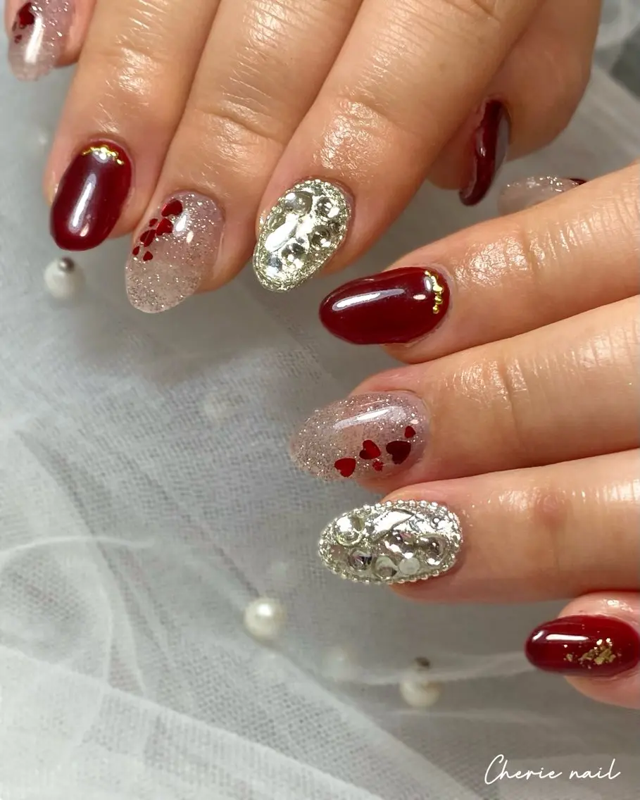 ネイル ボルドー フラッシュネイル ジェルネイル ハート バレンタイン ハンドネイル Cherienail yunaのネイルデザイン