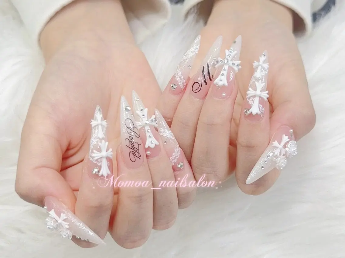 ネイル 成人式 大理石ネイル(マーブル) リボン ネイルチップ 冬ネイル ハンドネイル MoMoA Nail ネイル長さ出し専門店のネイルデザイン