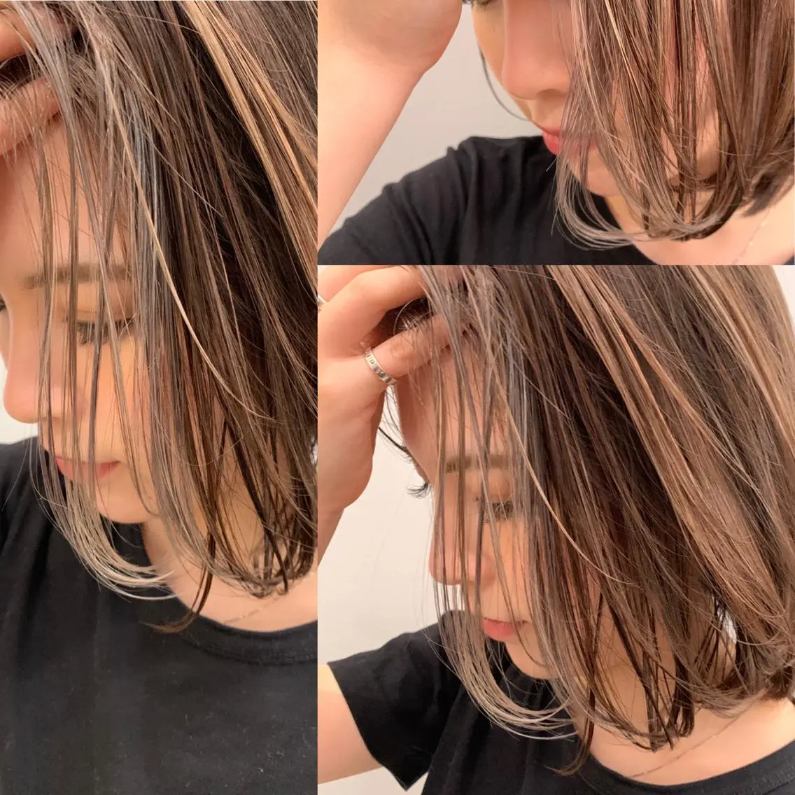 セミロング カラー ヘアアレンジ ミストバング デザインカラー  フェイスフレーミング ハイライトカラー オリーブカラー パーマモデル募集中 ✨Ukyoのヘアスタイル