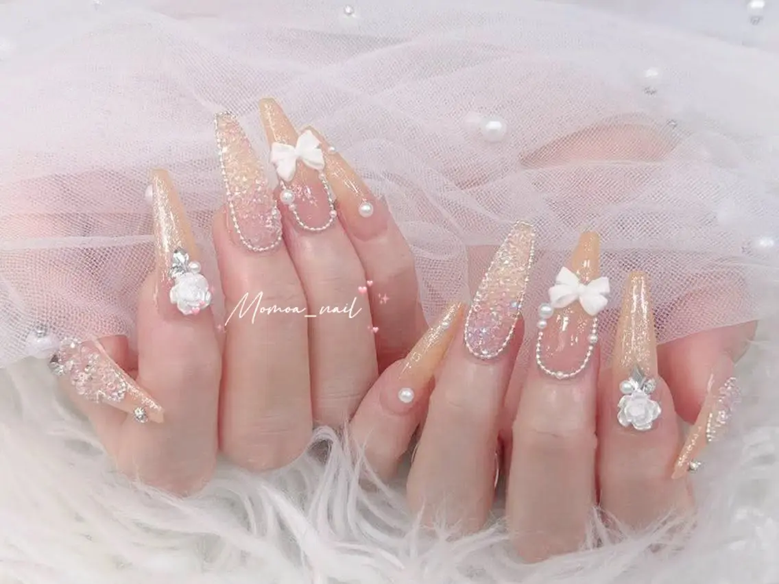 ネイル 成人式 マグネットネイル 大理石ネイル(マーブル) リボン 夏ネイル ハンドネイル MoMoA Nail ネイル長さ出し専門店のネイルデザイン