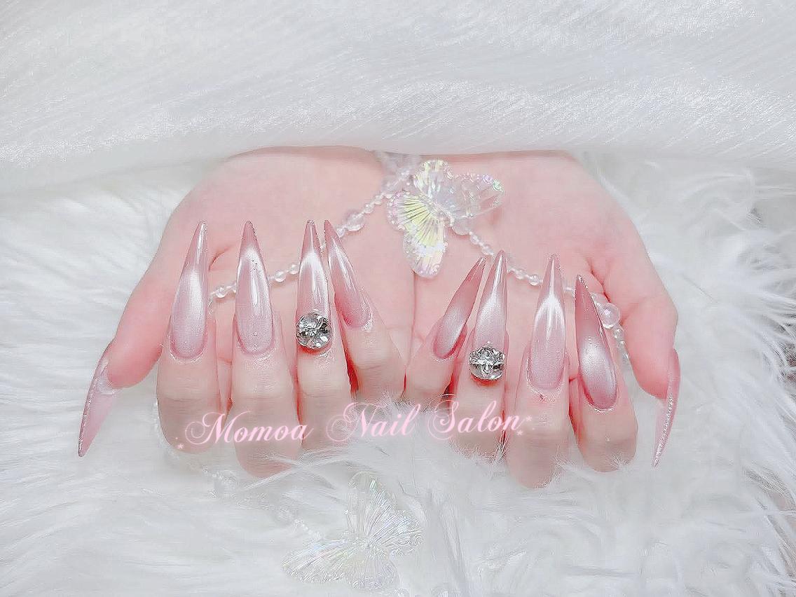ネイル 成人式 大理石ネイル(マーブル) リボン 夏ネイル ネイルチップ ハンドネイル MoMoA Nail ネイル長さ出し専門店のネイルデザイン