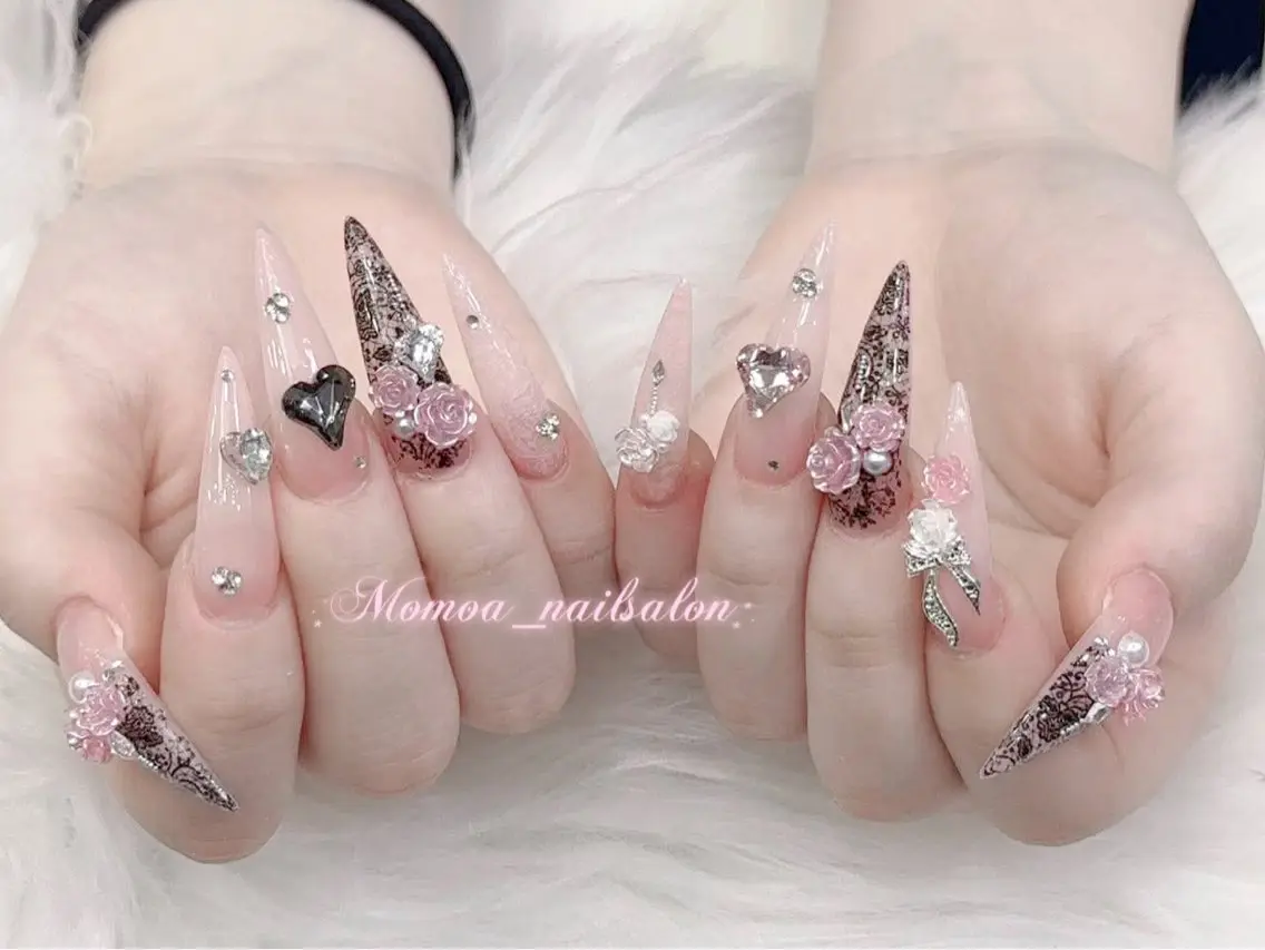 ネイル 成人式 大理石ネイル(マーブル) リボン 夏ネイル ネイルチップ ハンドネイル MoMoA Nail ネイル長さ出し専門店のネイルデザイン