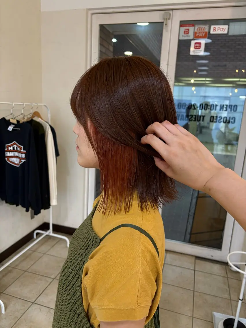 ミディアム カラー ブラウンカラー オレンジ オレンジブラウン ヘアカラー トリートメント ボブパーマ/ スズキユウナのヘアスタイル