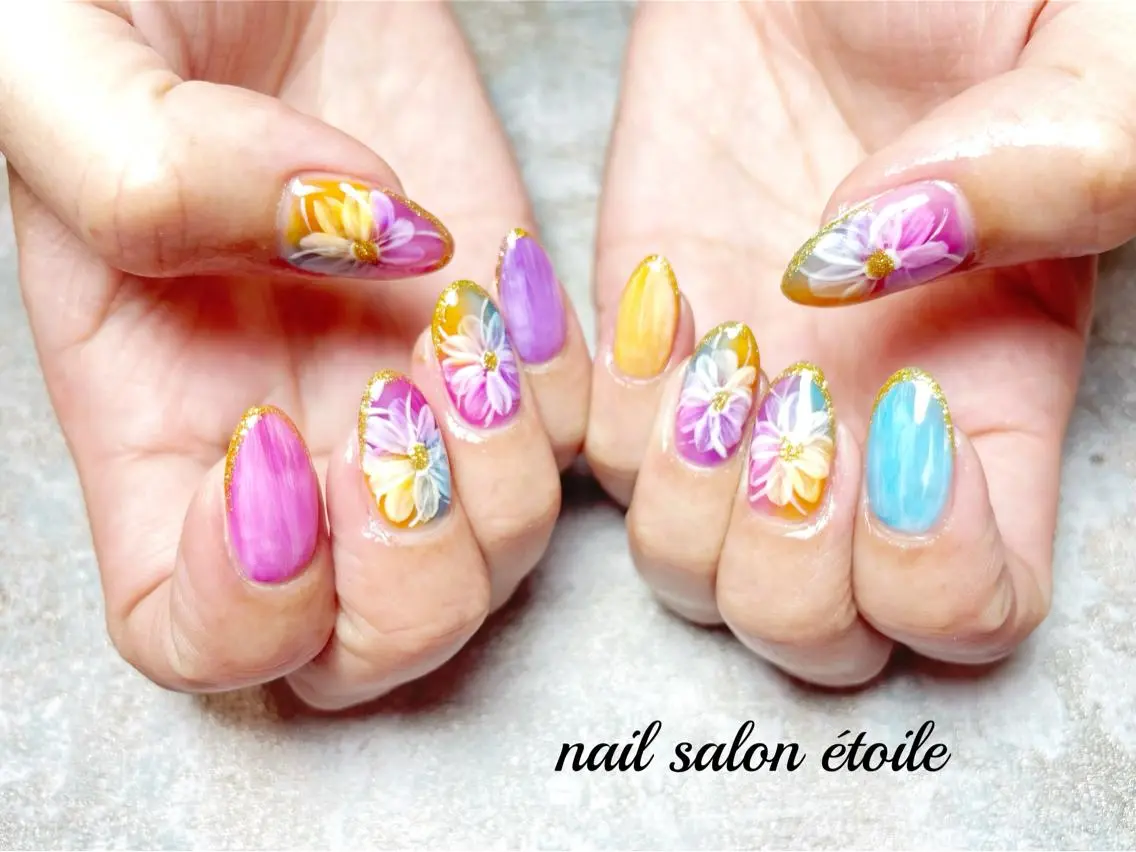 ネイル アートネイル フラワーネイル ジェルネイル ニュアンスネイル 夏ネイル ハンドネイル nail salon étoileのネイルデザイン