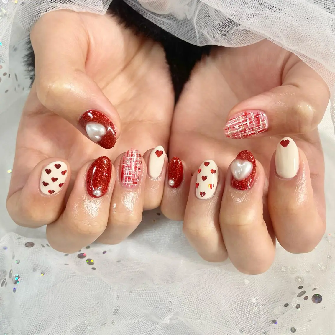 ネイル 赤色 ツイードネイル 🎀AYAKO 🎀中韓ネイルのネイルデザイン